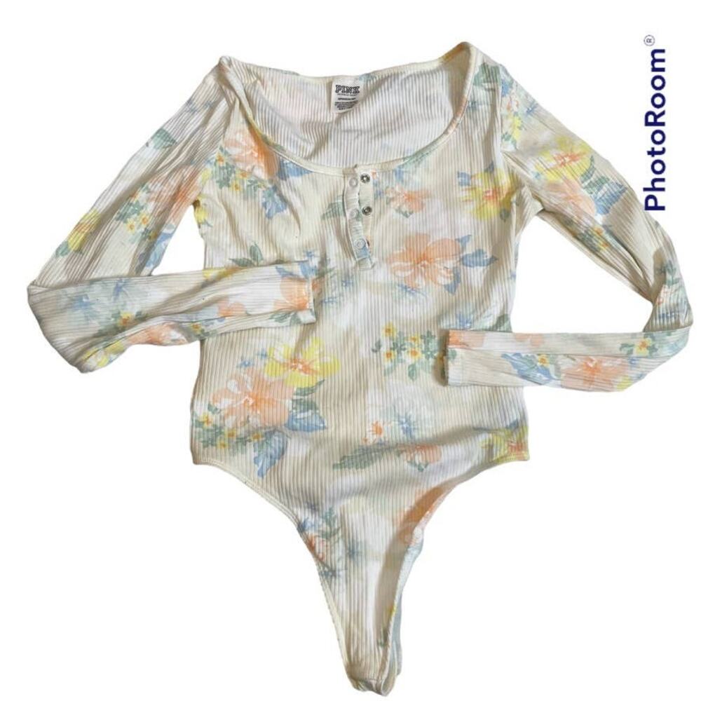 PINK Victoria's Secret Floral Ribbed Long Sleeve Henley Bodysuit Women's S